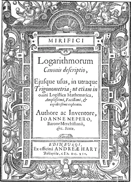 Page de titre de l'ouvrage Mirifici Logarithmorum Canonis Descriptio de John Napier, 1614